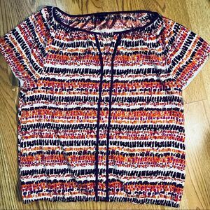 Ann Taylor Short Sleeve Blouse Size 10 White With Purple Orange & Brown Print